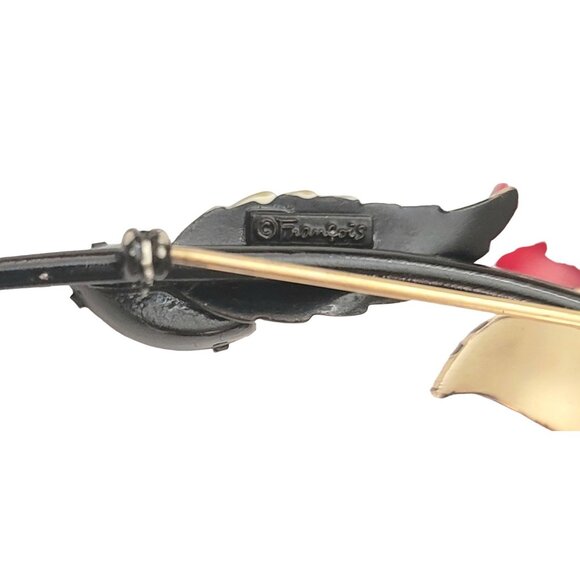 Francois Red Enamel Rhinestone Metal Stemmed Flower Brooch, Signed E957 - Picture 8 of 13